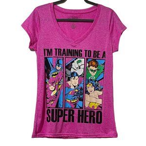 Justice League size XL pink v neck “in training to be a super hero” FLAWED top